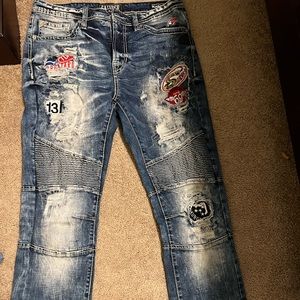 Distressed Blue Men's Patchwork Jeans